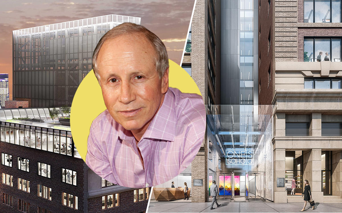 Stellar Management founder Larry Gluck with renderings of One Soho Square