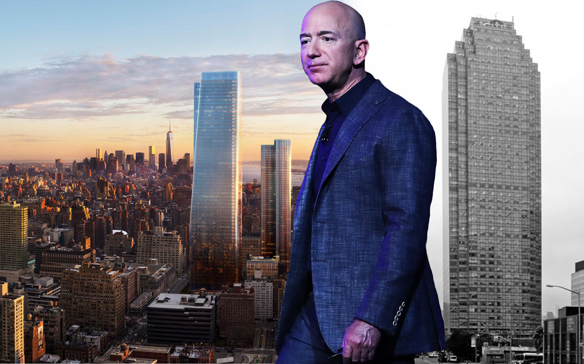 From left: One Manhattan West, Amazon CEO Jeff Bezos and One Court Square in Long Island City (Credit: Manhattan West, Getty Images, and Loopnet)