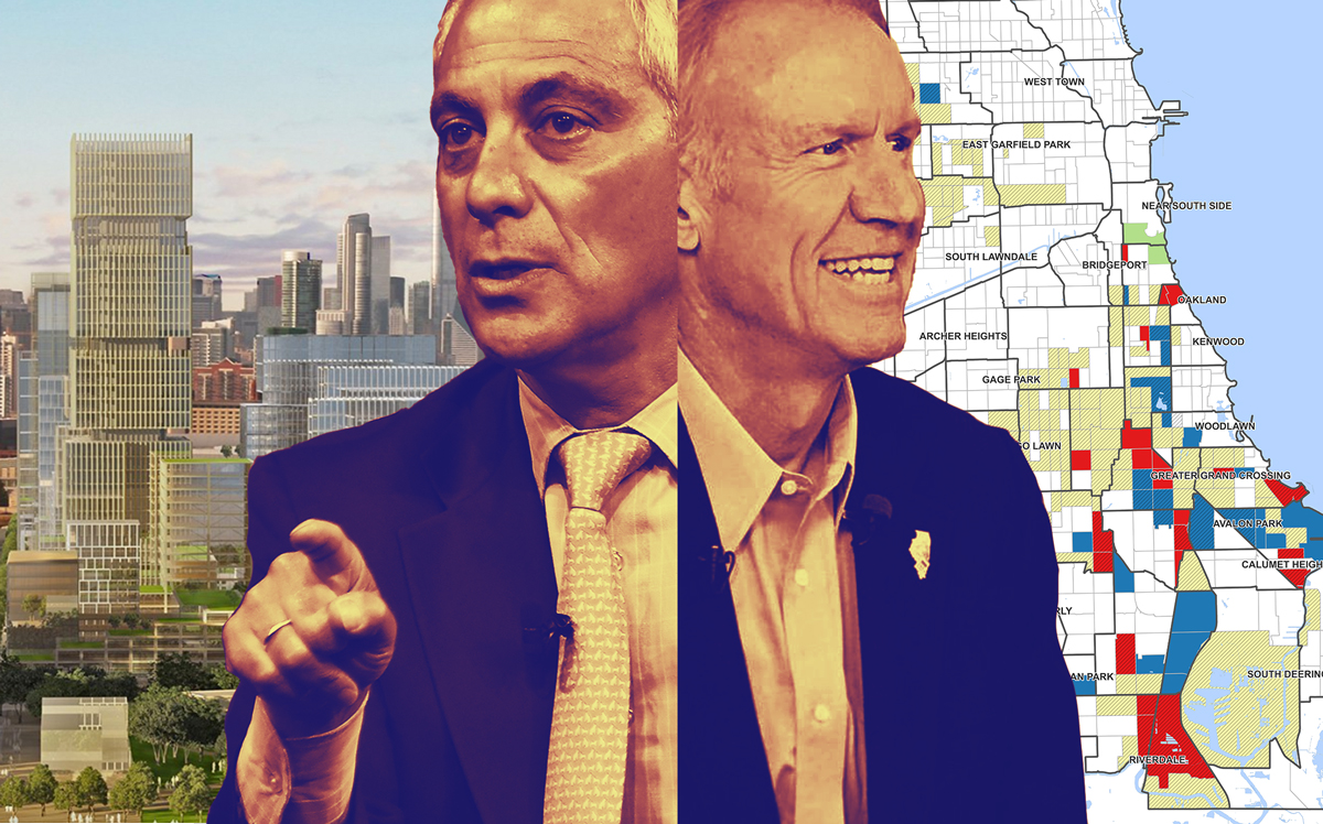 From left: A rendering of the Burnham Lakefront, Mayor Rahm Emanuel, former Governor Bruce Rauner, and a map of Opportunity Zones in Chicago (Credit: Getty Images; Map by Haru Coryne)