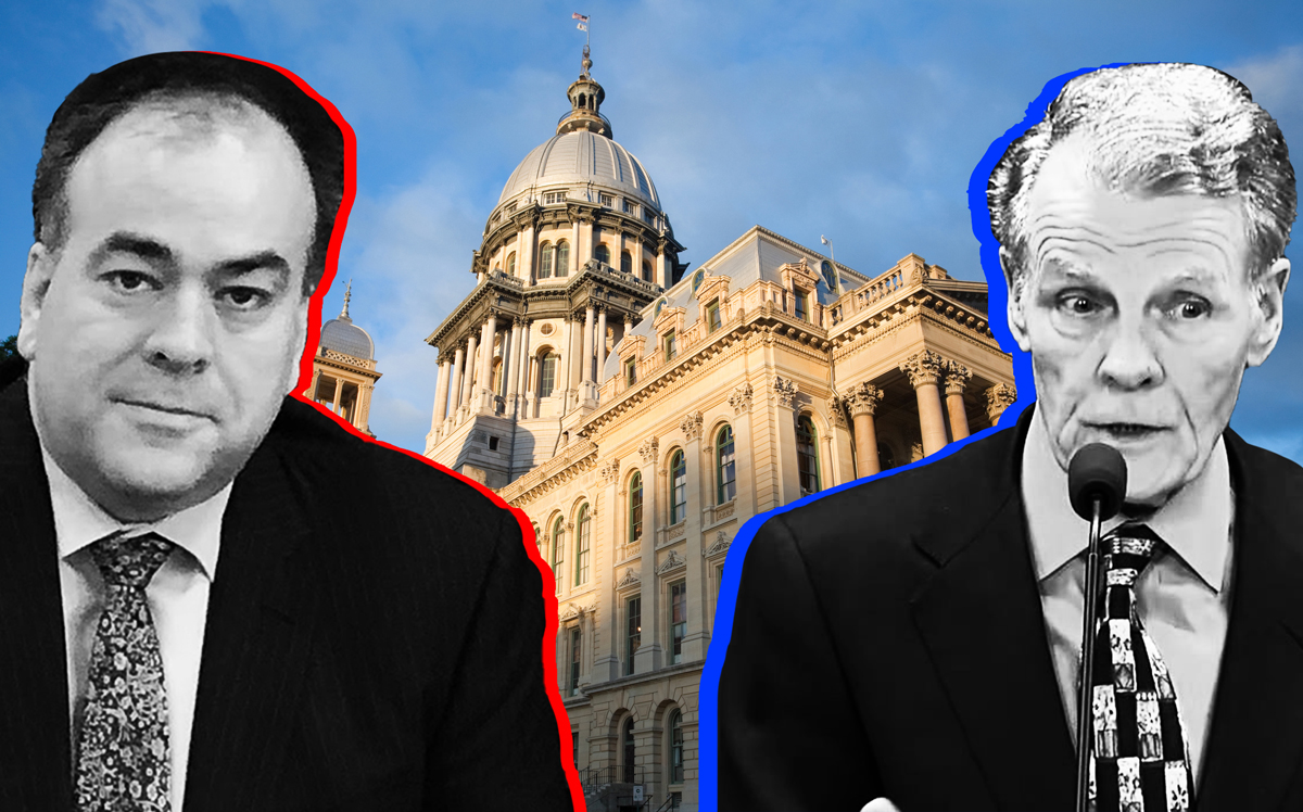 From left: Cook County Assessor Fritz Kaegi, the Illinois State Capital, and Michael Madigan (Credit: iStock and Reboot Illinois via YouTube)