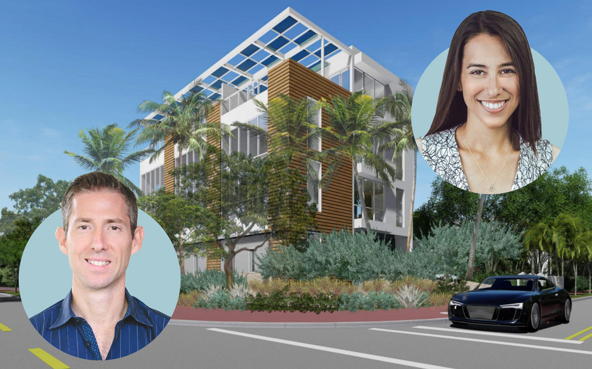 A rendering of 1425 Bay Road with Grayscale Partners' Nathalie Manzano (right) and Theodore Caplow (Credit: LinkedIn and Wikipedia)