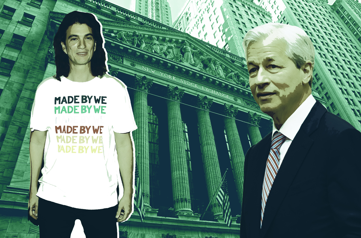WeWork CEO Adam Neumann and JPMorgan Chase CEO Jamie Dimon with The New York Stock Exchange