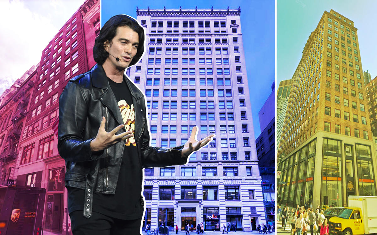 From left: 28 West 44th Street, 25 West 45th Street and 183 Madison Avenue with WeWork CEO Adam Neumann (Credit: Google Maps, APF Properties, and Getty Images)