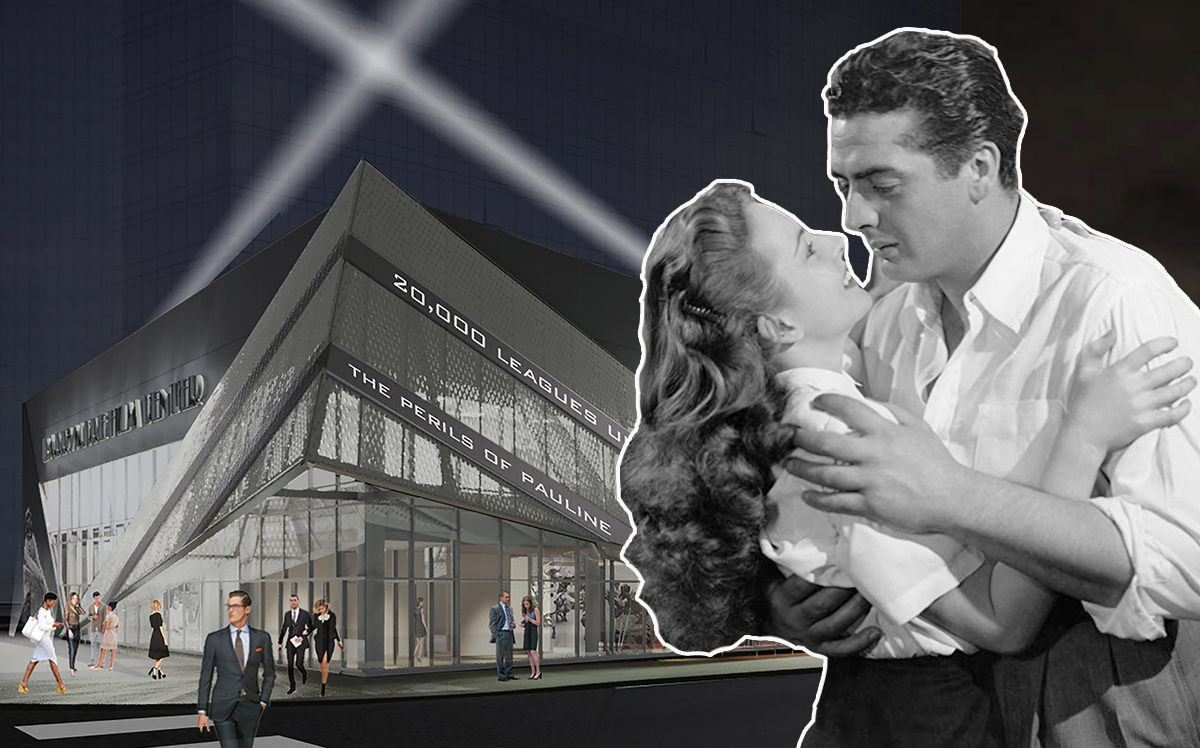 A rendering of the Barrymore Film Center and a photo from 20th Century Fox's "Kiss of Death" (1947), which was filmed in Fort Lee (Credit: IMDB)