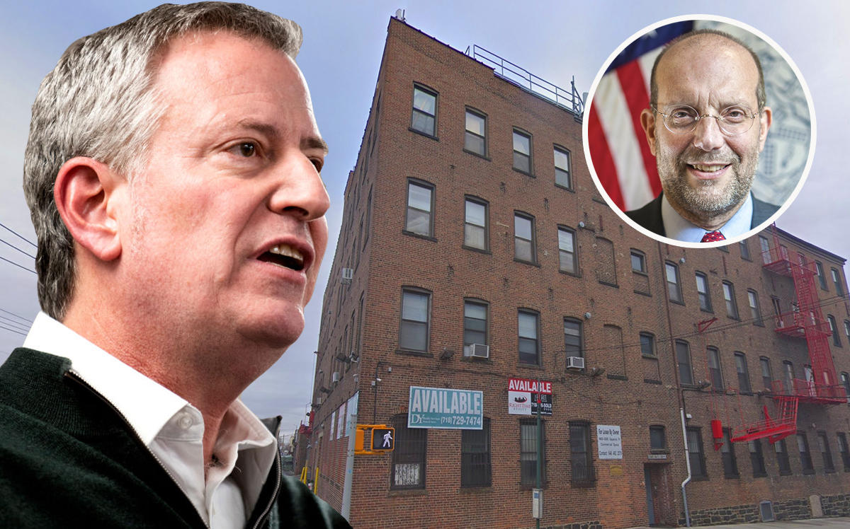 Mayor Bill de Blasio and Commissioner Steven Banks and 127-03 20th Avenue (Credit: Getty Images and Google Maps)