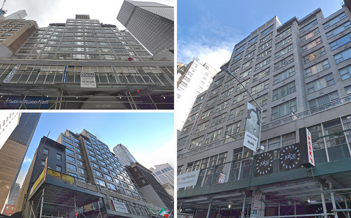 Clockwise from upper L: 155 East 55th Street, 210 East 58th Street and 65 West 55th Street (Credit: Google Maps)