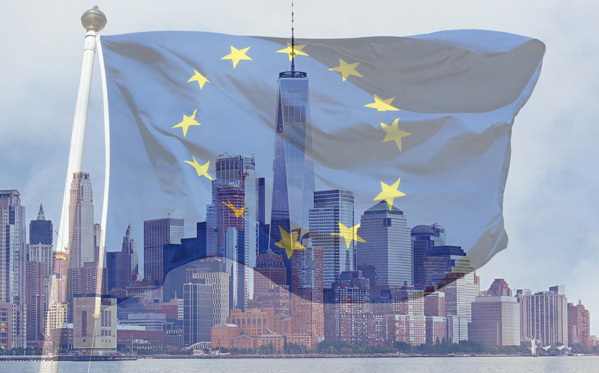 The flag of the European Union and the Lower Manhattan skyline