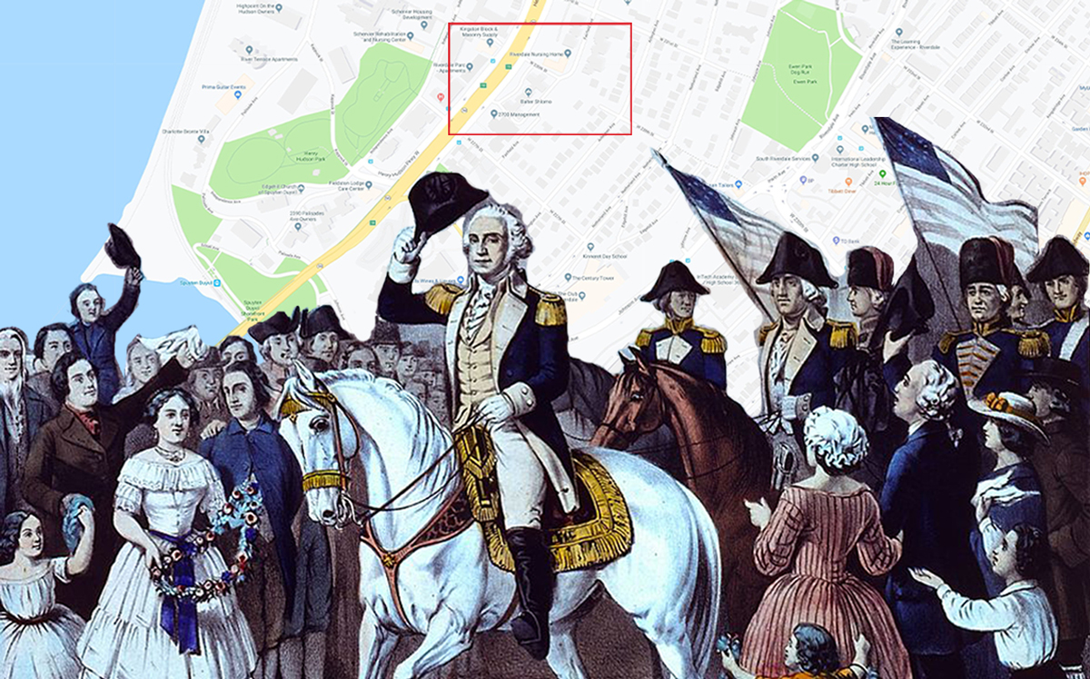 A depiction of George Washington entering New York after British armies left the city in 1783, and the intersection of West 230th Street and Fairfield Avenue (Credit: Getty Images, Google Maps)