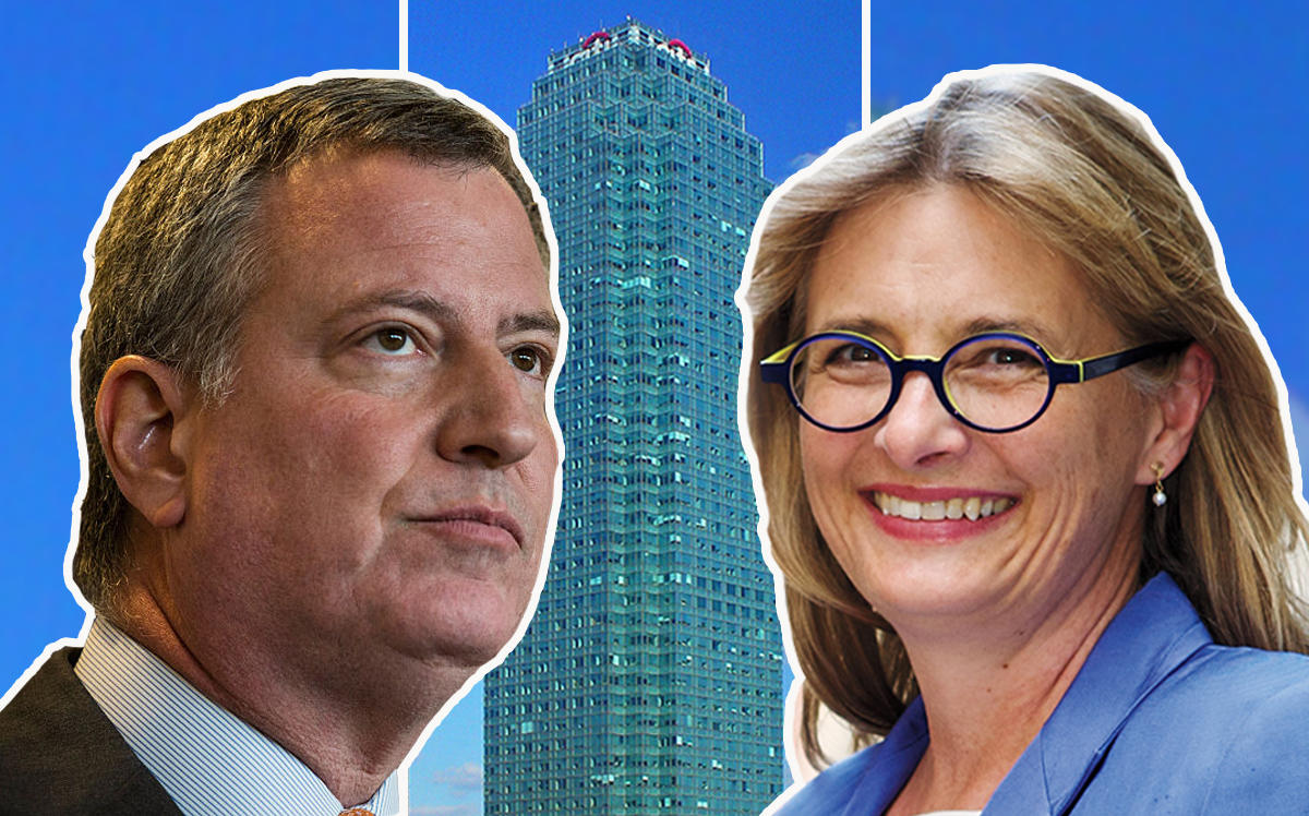 Bill de Blasio and Vicki Been and One Court Square (Credit: Getty Images and Wikipedia)