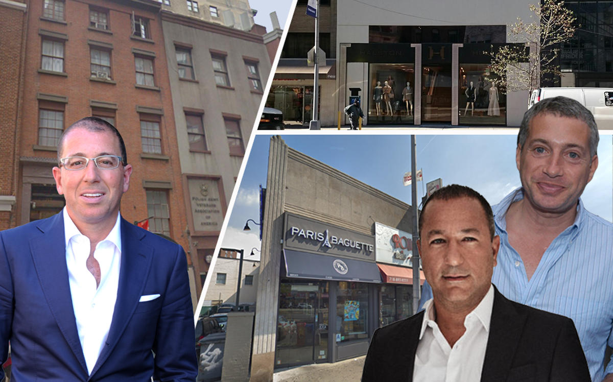 From left: Joseph Sitt, Yaron Jacobi and Uzi Ben Abraham; 117 East 15th Street, 1122 Madison Avenue and 96-33 Queens Boulevard (Credit: Google Maps, Getty Images)