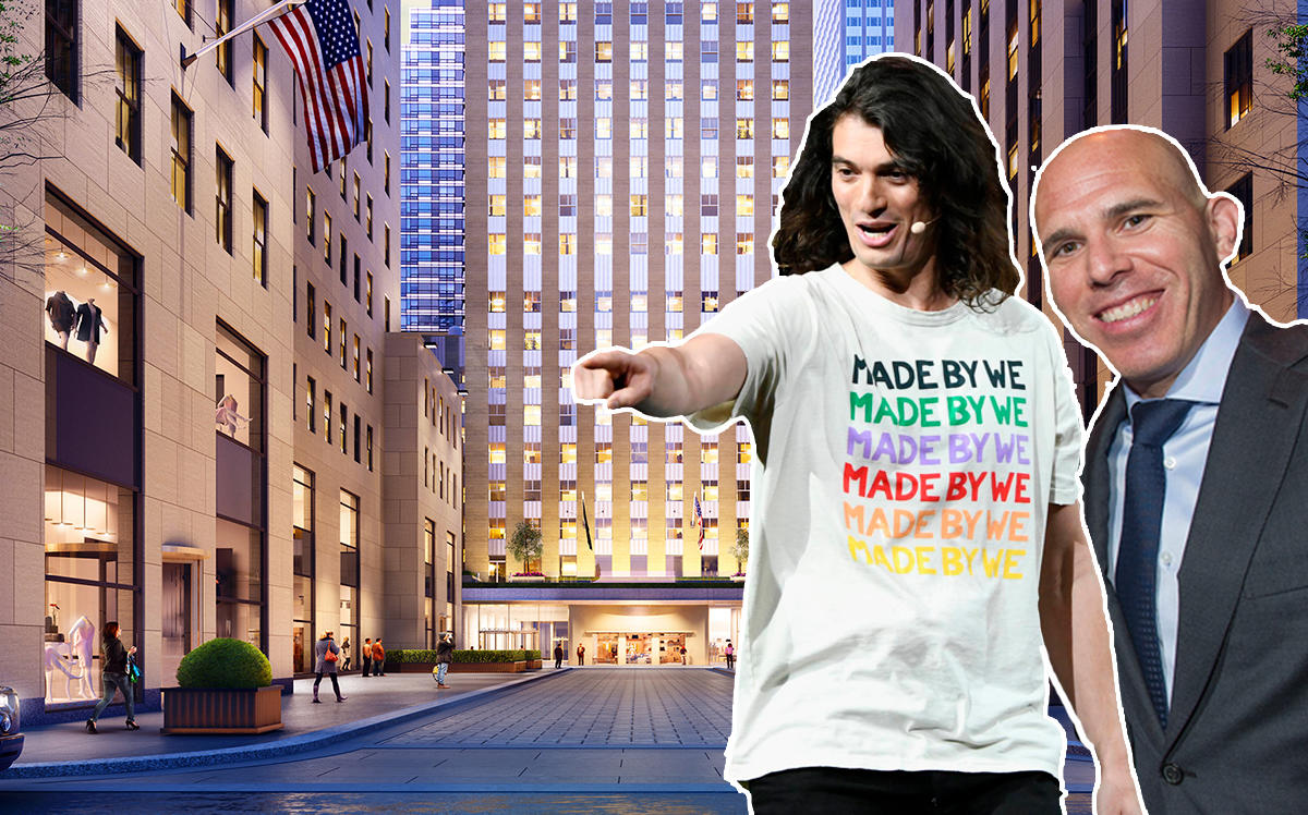 The We Company CEO Adam Neumann and RXR Realty CEO Scott Rechler and 75 Rockefeller Plaza (Credit: Getty Images and RXR Realty)