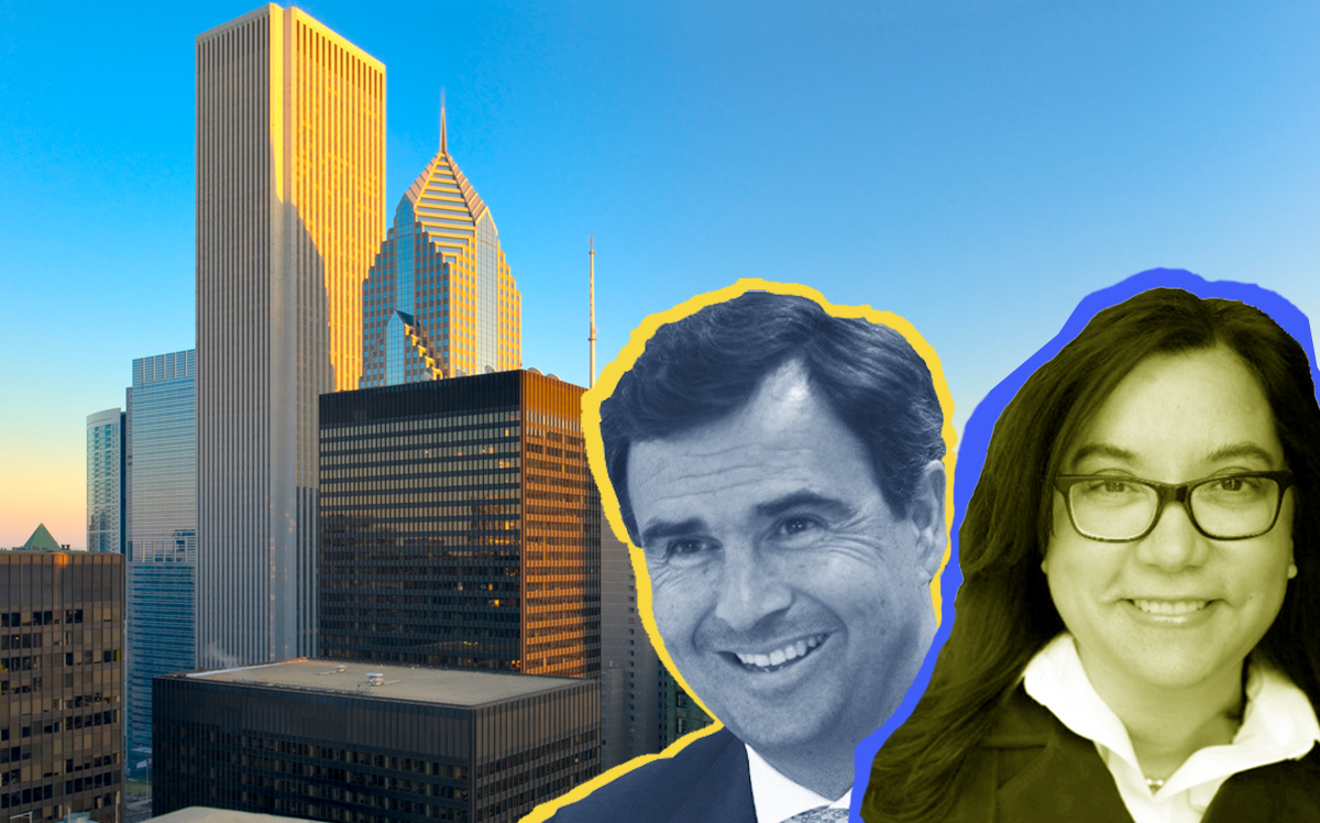 JLL CEO Christian Ulrich and CFO Stephanie Plaines, and their headquarters at the Aon Center (Credit: JLL and iStock)
