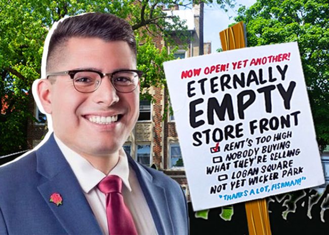 Alderman Carlos Ramirez-Rosa and A sign during a rally against a Mark Fishman-owned property. M. Fishman & Co.’s apartment building at 2936 W. Palmer St. (Credit: Duettographics, Pixabay)
