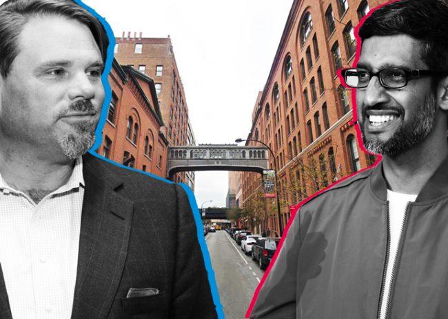 From left: Jamestown’s Michael Phillips with the Milk Building at 450 West 15th Street and Google’s Sundar Pichai with the Chelsea Market building at 75 Ninth Avenue (Credit: Google Maps; Phillips via CoStar; and Pichai via Getty)