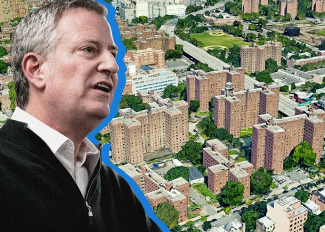 Mayor Bill de Blasio and the Ingersoll Houses at 120 Navy Walk in Brooklyn (Credit: Google Maps and Getty Images)