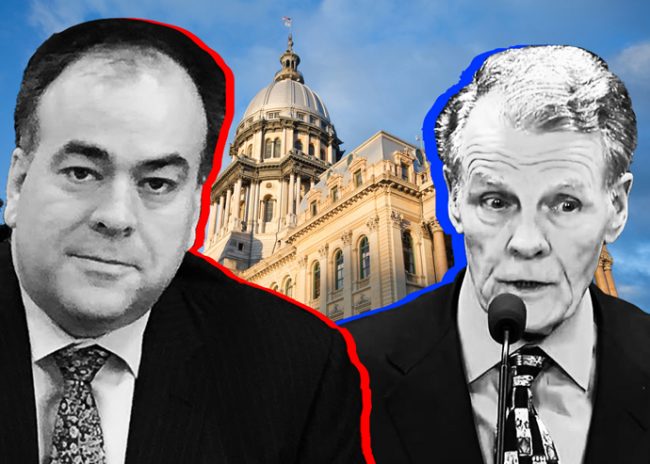 From left: Cook County Assessor Fritz Kaegi, the Illinois State Capital, and Michael Madigan (Credit: iStock and Reboot Illinois via YouTube)
