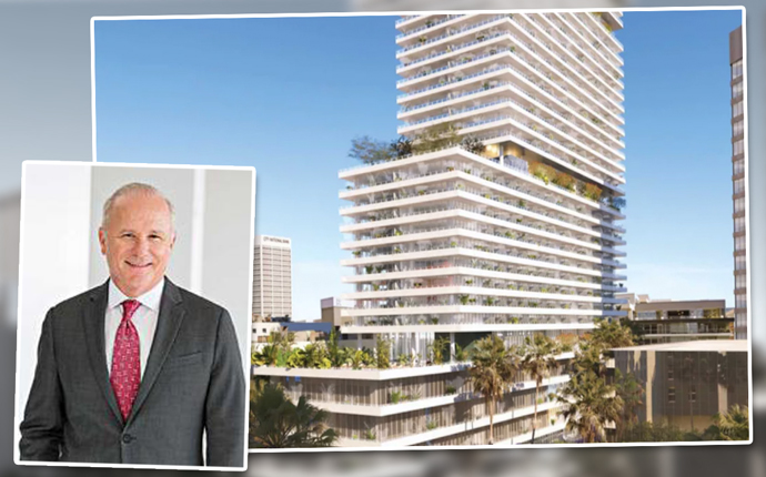 Mutsui Fudosan America CEO John Westerfield and a new rendering of the Eighth, Grand, and Hope project via Gensler