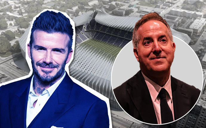 David Beckham, Jorge Mas and a rendering of the Overtown stadium