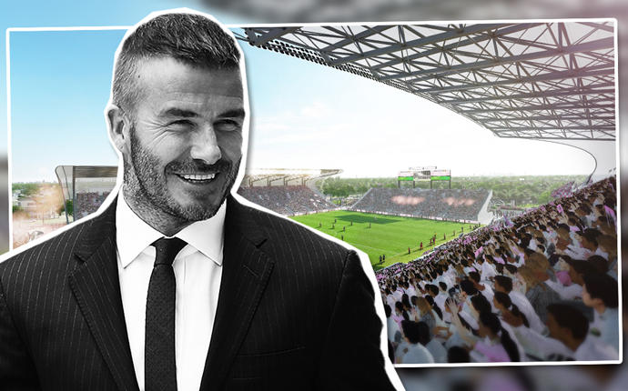 David Beckham with a rendering of Lockhart Stadium (Credit: Getty Images and Pro Soccer USA)