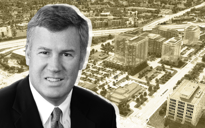Hines’ Greg Van Schaack and a rendering of the Oak Brook Commons project (Credit: Hines)