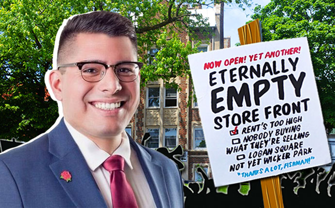 Alderman Carlos Ramirez-Rosa and A sign during a rally against a Mark Fishman-owned property. M. Fishman & Co.’s apartment building at 2936 W. Palmer St. (Credit: Duettographics, Pixabay)