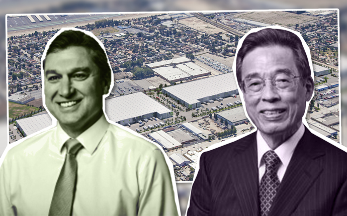 Goodman North America CEO Anthony Rozic, Mutual Trading Company President Kosei Yamamoto and a rendering of the Goodman Logistics Center El Monte