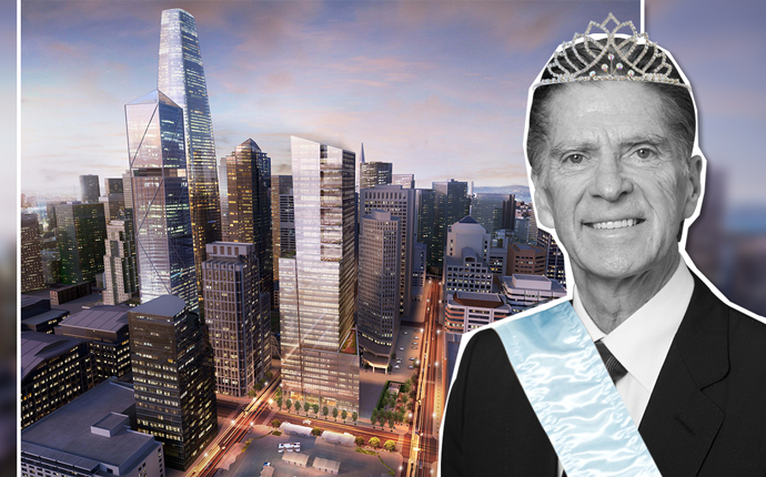John Buck and a rendering of his firm's Park Tower at Transbay project