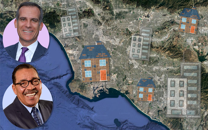 Mayor of Los Angeles Eric Garcetti (top) and Herb Wesson (bottom) with a Google Earth shot of LA County (Credit: Getty Images, Wikipedia, and Google Earth)
