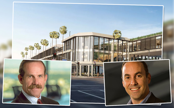 Macerich executives Tom O'Hern and Scott Kingsmore and a rendering of co-working space at One Westside