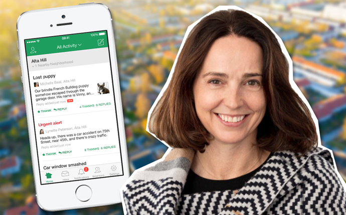 Nextdoor CEO Sarah Friar and the Nextdoor app