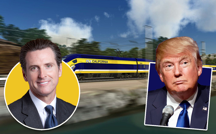 Gavin Newsom, Donald Trump and a rendering of the train