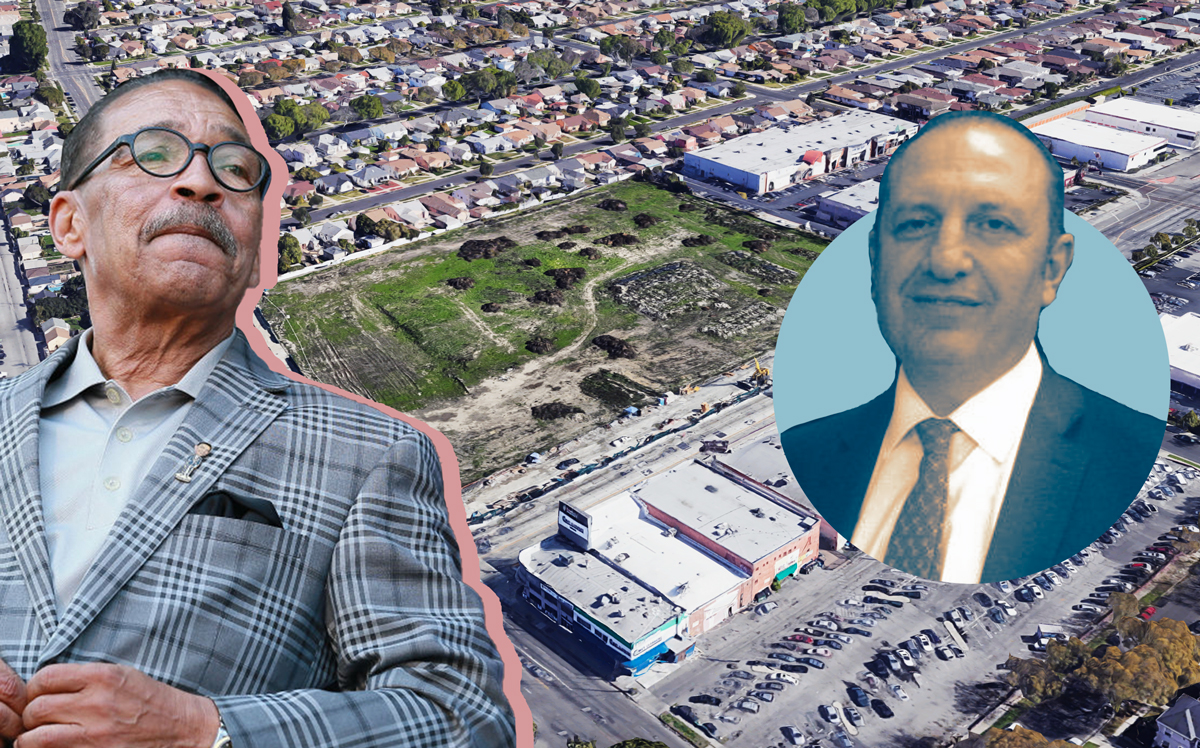 From left: City Council President Herb Wesson, an aerial of the lot at 3660 Crenshaw Boulevard, and Arman Gabay (inset) (Credit: Getty Images, Google Maps, and Twitter)