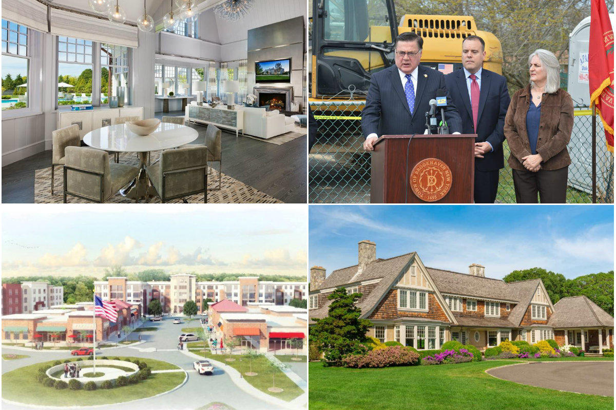 Clockwise from top left: Southampton home with rooftop putting green sold for nearly $8M below ask, Brookhaven launches effort to revitalize Mastic Beach, slowing luxury home sales on the East End sink the Peconic preservation fund by 29 percent and a paperwork error could scuttle a $100M hotel and rental development in Islandia.