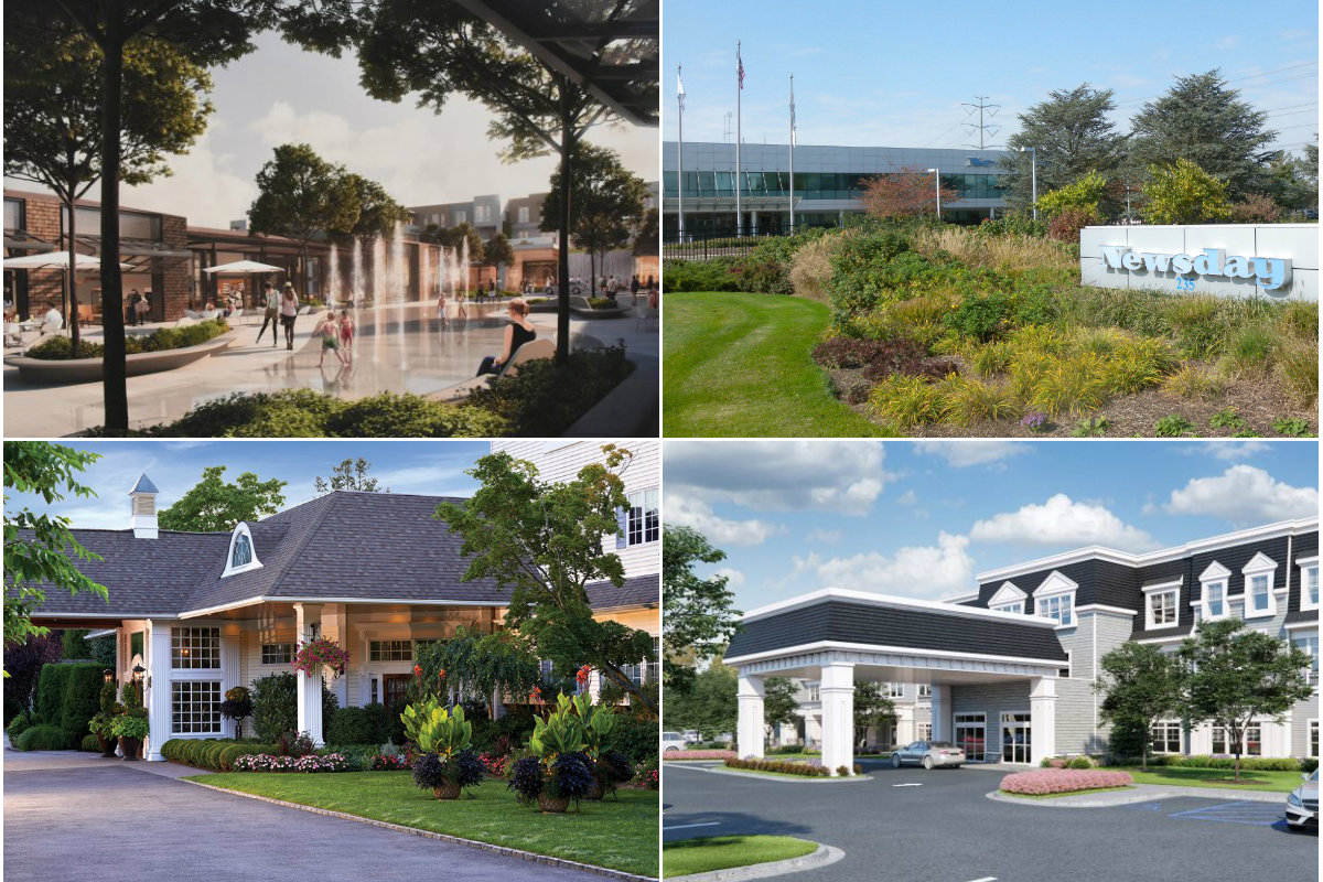 Clockwise from top left: Developers pull out of deal because Oyster Bay owes them more than $1M in fees, Hartz Mountain Industries gets tax breaks to raze Newsday's former Melville headquarters and build $190M in warehouses, Engel Burman Group gets tax breaks for a $50M assisted living facility in Bethpage and a restaurateur pitches a $28.2 million hotel for Smithtown.