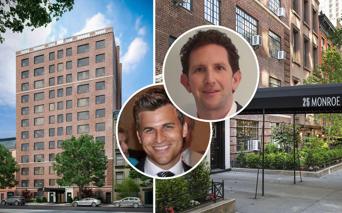 Benchmark Real Estate Group's Aaron Feldman (left) and Jordan Vogel (right) with 25 Monroe Place in Brooklyn (Credit: LinkedIn)