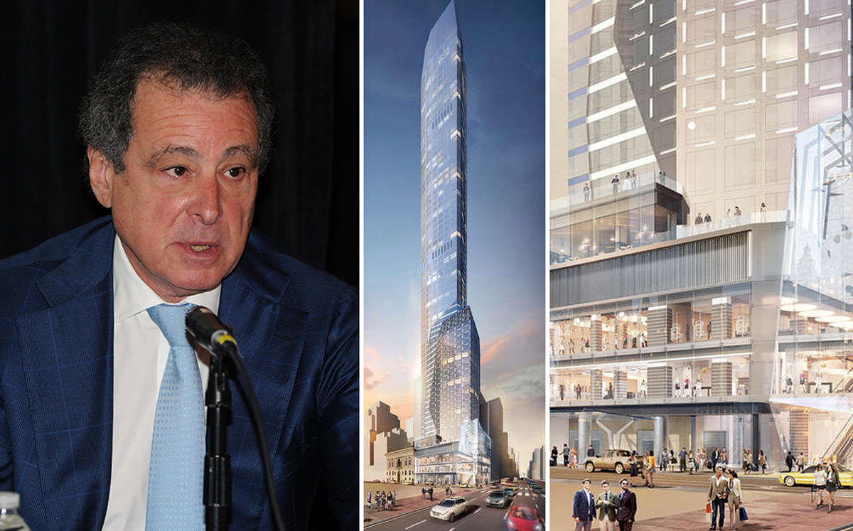 Robert Gladstone with renderings of 520 Fifth Avenue (Credit: Getty Images and CityRealty)