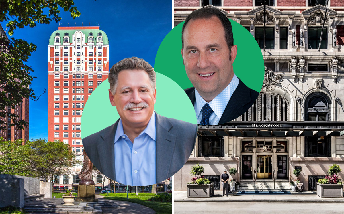 Sage Hospitality CEO Walter Isenberg (left) and Fundamental Advisors CEO Laurence Gottlieb with the Blackstone Hotel at 636 South Michigan Avenue