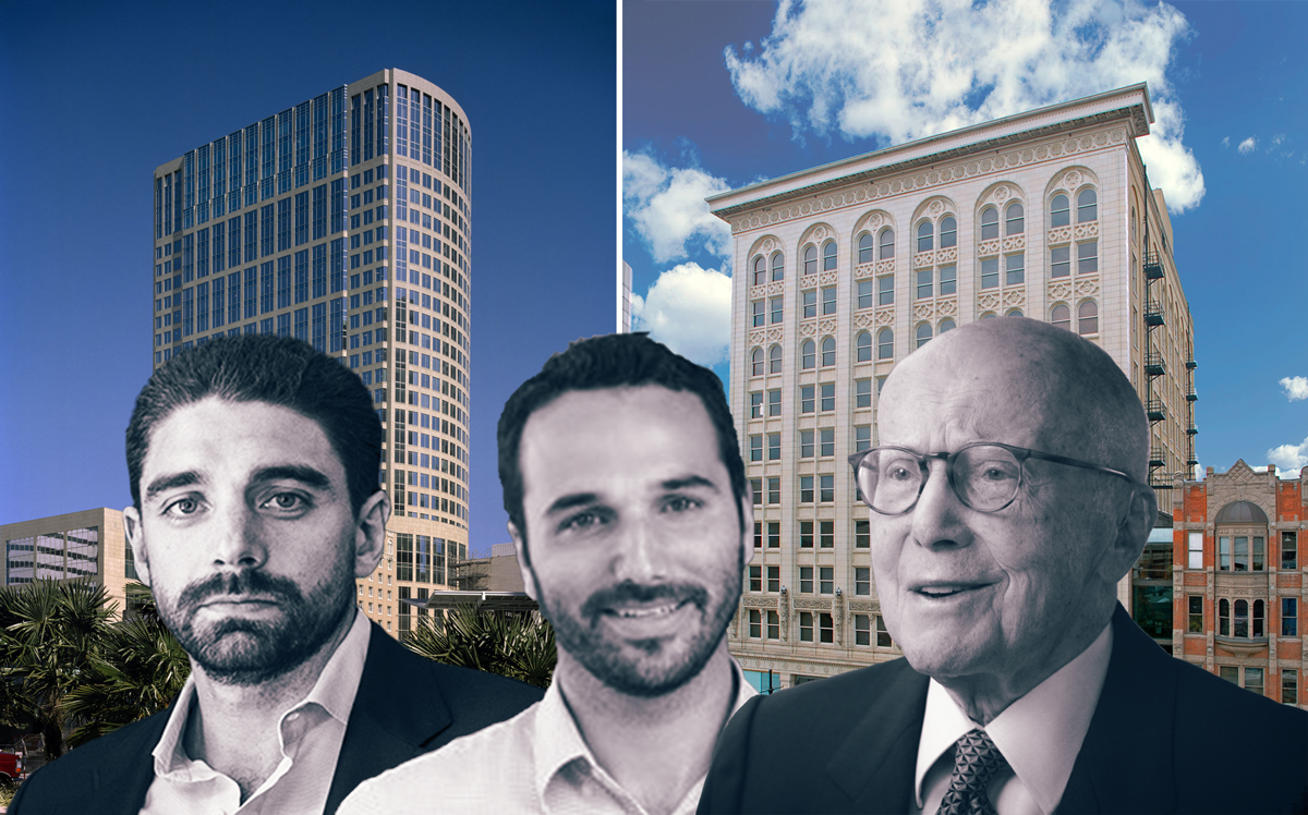 From left: Ryan Simonetti, Jamie Hodari and Gerald Hines with 717 Texas in Houston (left) and The Kearns Building in Salt Lake City (right)