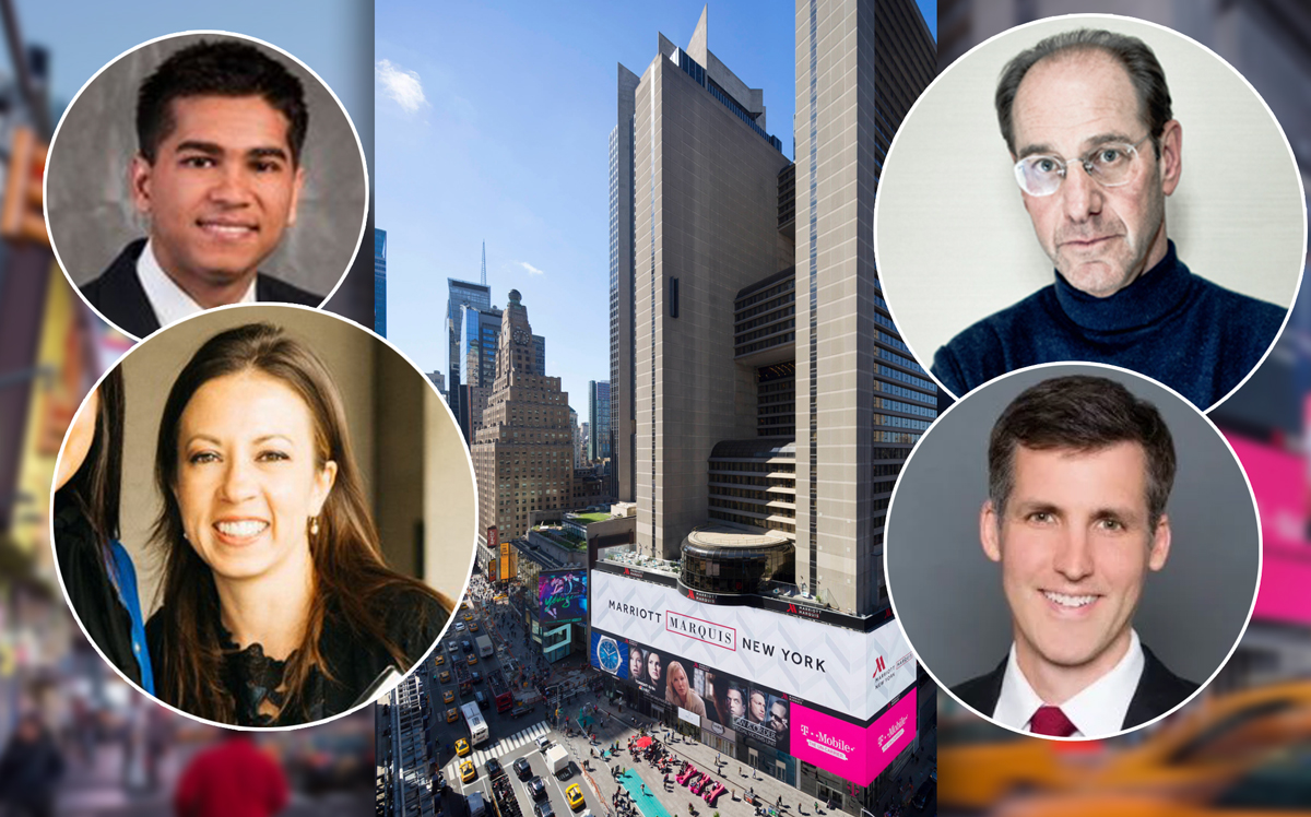 Clockwise from top left: Starwood Capital Group's Akshay Goyal, BD Hotels' Richard Born, HVS president and CEO Stephen Rushmore and Apollo’s Tracey Gamble and the Marriott Marquis