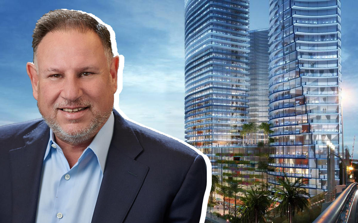 Michael Adler and a rendering of Miami Riverside Center  