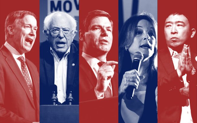 From left: John Hickenlooper, Bernie Sanders, Eric Swalwell, Marianne Williamson and Andrew Yang (Credit: Getty Images)