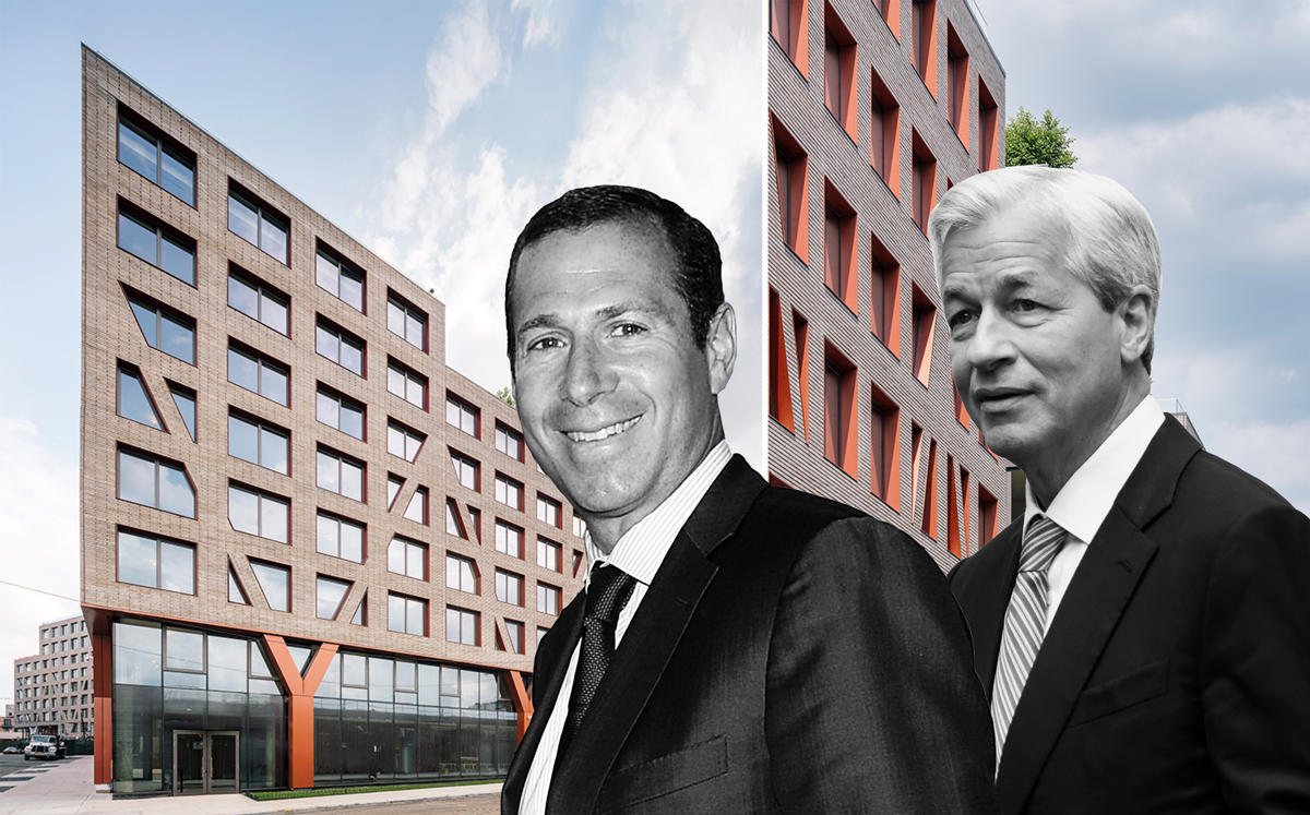 Mack Real Estate Group's Richard Mack and JPMorgan's Jamie Dimon with a rendering of 123 Melrose Street (Credit: Getty Images and ODA Architecture)