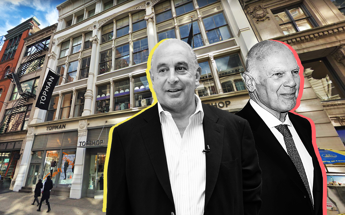 From left: Topshop and Topman stores at 478 Broadway, Arcadia Group CEO Philip Green, and Vornado CEO Steven Roth (Credit: Getty Images and Google Maps)