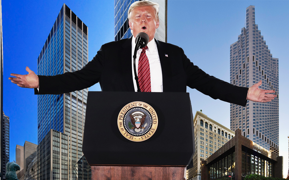 President Donald Trump with 1290 Sixth Avenue in New York and 555 California Street in San Francisco (Credit: Getty Images)