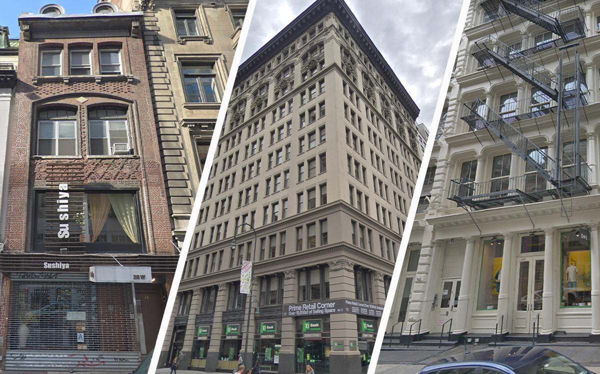 From left: 28 West 56th Street, 90 Fifth Avenue and 71 Greene Street (Credit: Google Maps)