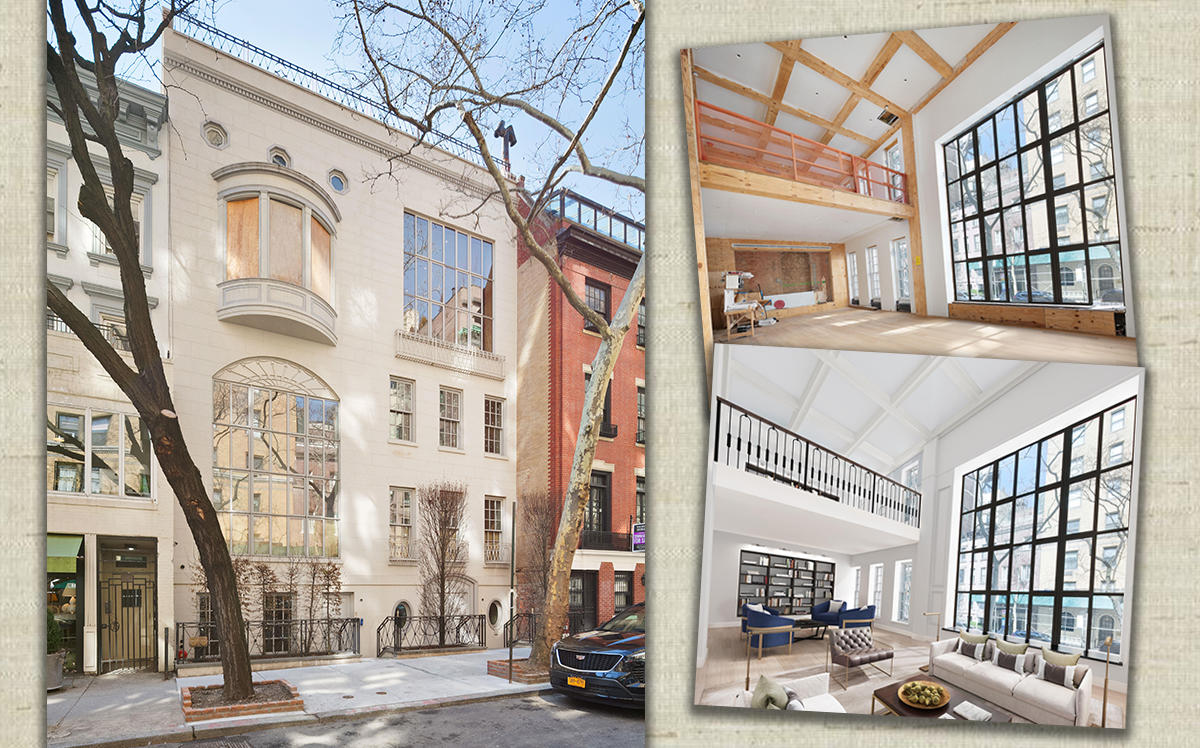 134 East 74th Street, a construction photo and a rendering of the property's double height great room (Credit: Corcoran)