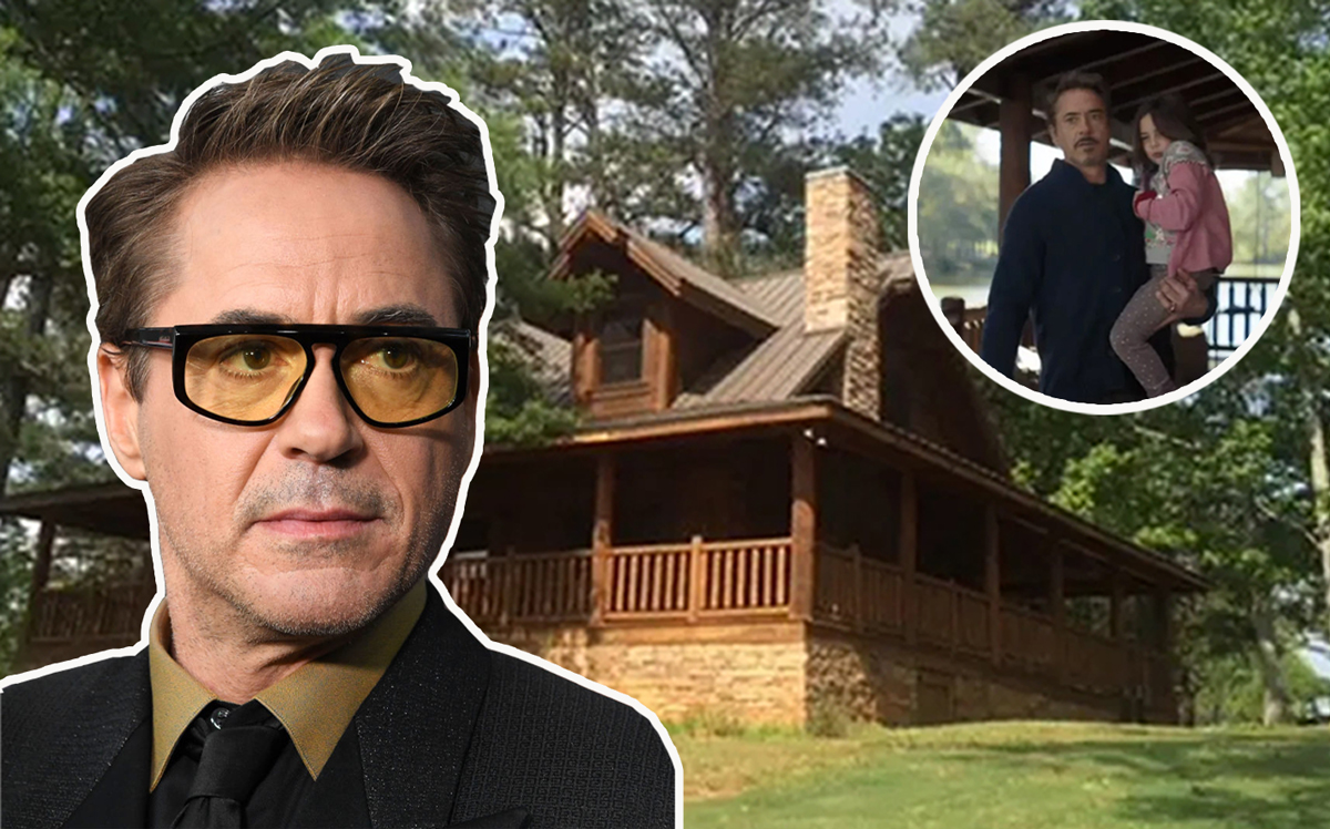 Robert Downey Jr., the guest cabin at Bouckaert Farm, and (inset) as featured in "Avengers: Endgame" (Credit: Marvel Studios, AirBNB and Getty Images)
