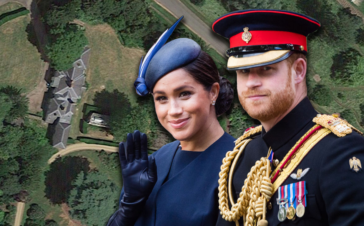 Meghan Markle, Prince Harry and an aerial view of Frogmore Cottage (Credit: Getty Images, Google Maps)