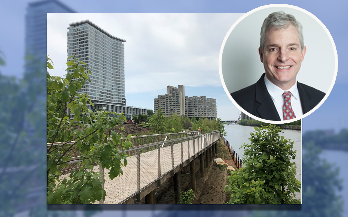 Lendlease's Executive General Manager, Chicago, Development Thomas Weeks and South Branch Riverwalk (Credit: Lendlease)