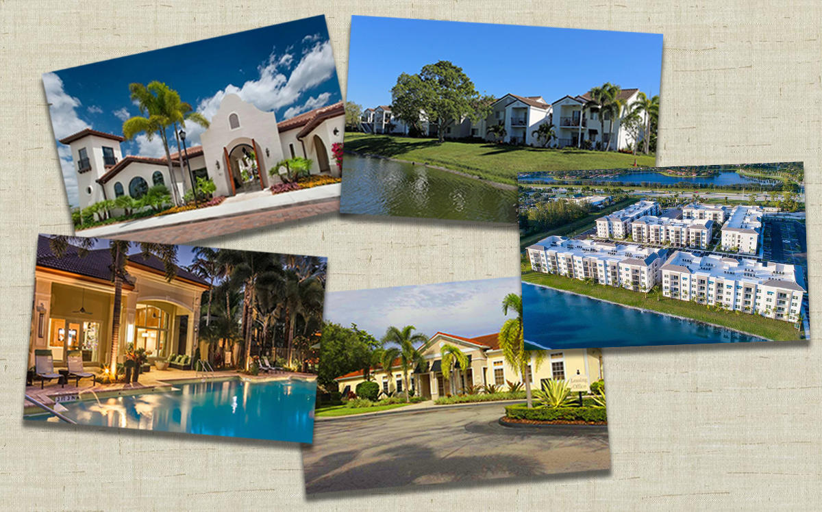 Clockwise from top left: Doral View and Town Fontainebleau Lakes, Alister Boca Raton, Luma West Palm, Glen Apartments, Avana Cypress Creek Apartments